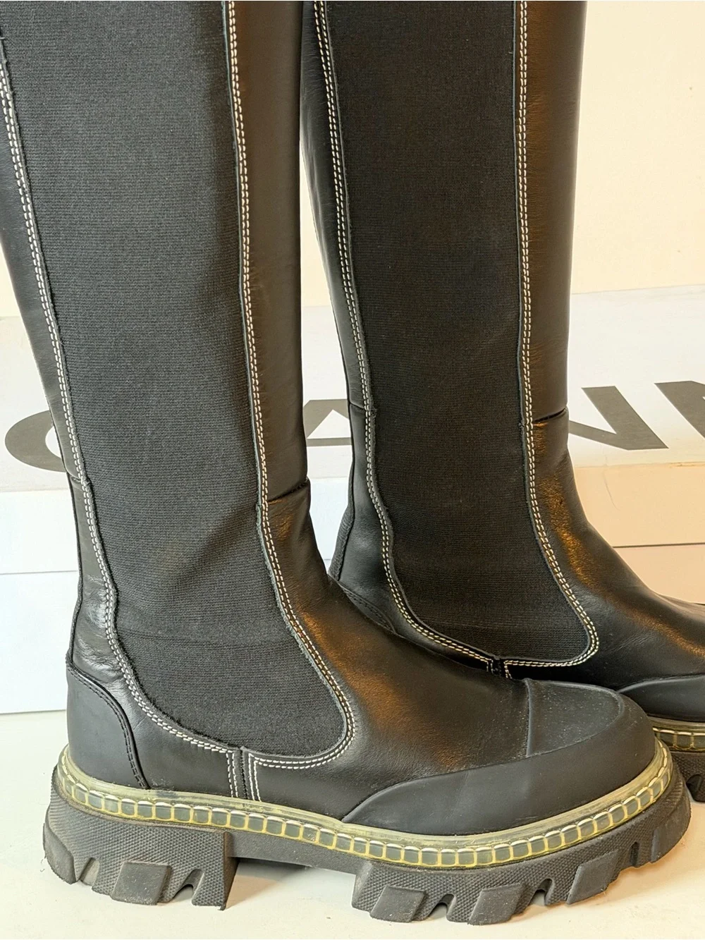 Ganni Black Knee-High Chunky Chelsea Boots